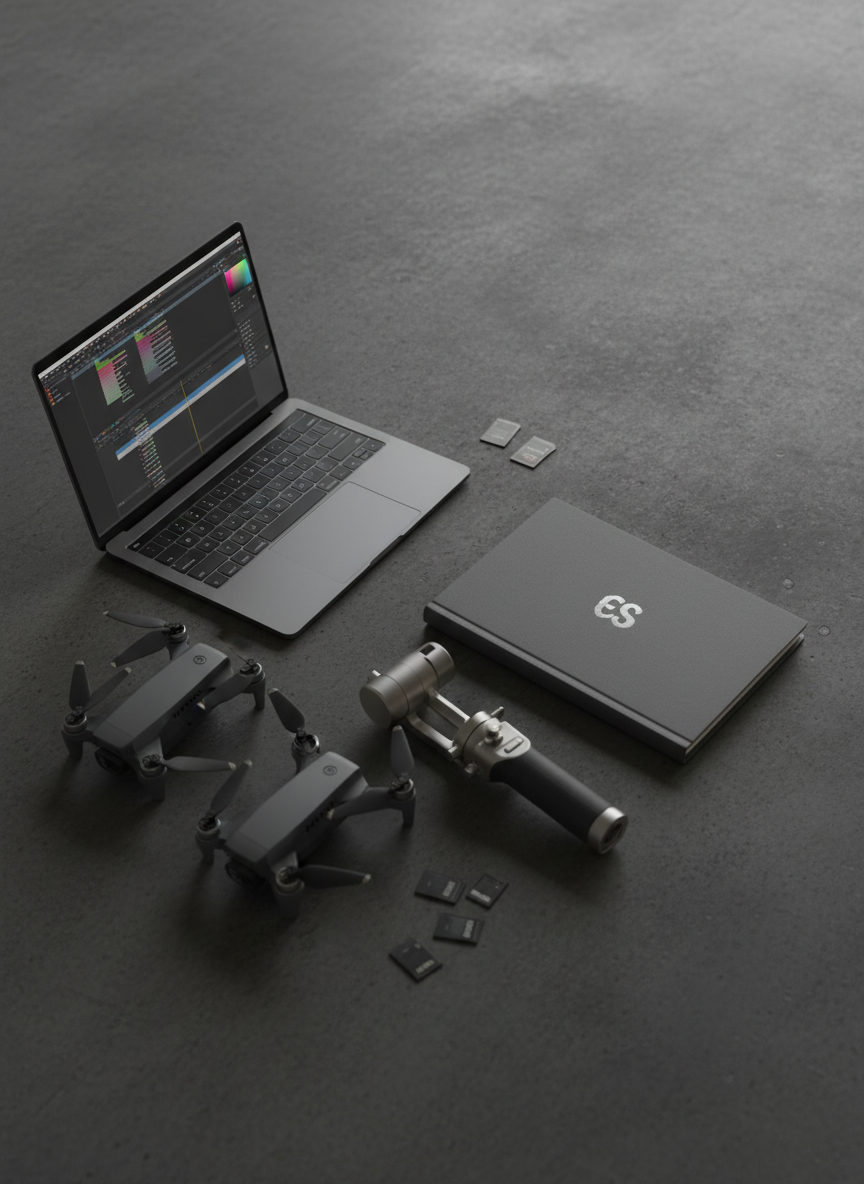 A minimalist flat lay of a content creator’s toolkit arranged on a charcoal concrete surface: a slim laptop with a color grading timeline frozen on-screen, a compact drone folded neatly, a gimbal with brushed metal accents, memory cards, and a slate-gray notebook with a silver embossed logo reading “ES”. Soft, diffused top lighting creates delicate, cinematic shadows that define each object without harshness. The composition uses asymmetrical balance, leaving negative space to the right for visual breathing room. Subtle reflections on metallic edges add polish, while a muted, desaturated color palette reinforces a professional, modern mood. Captured with sharp focus throughout, evoking precision, organization, and a cinematic sports-production mindset.